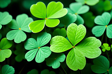 Green background with three-leaved shamrocks. St. Patrick's day holiday symbol.