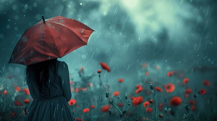 A person stands with their back to the camera in a field of vibrant red poppies under a gloomy, rain-filled sky. They hold a large red umbrella speckled with droplets, matching the flowers' color. The