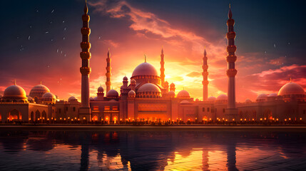 Mosque background for Ramadan and Eid Mubarak greetings. Beautiful sunrise Mosque with colorful clouds	
 - obrazy, fototapety, plakaty