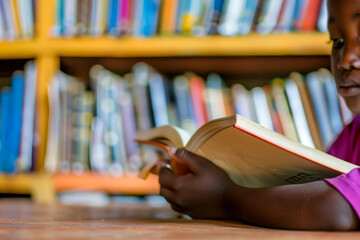 Black child reading a book in a library, Ai Generative.