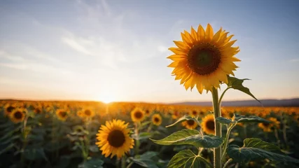 Rolgordijnen A vast field of sunflowers bathed in warm evening light © LeandroRodrigo
