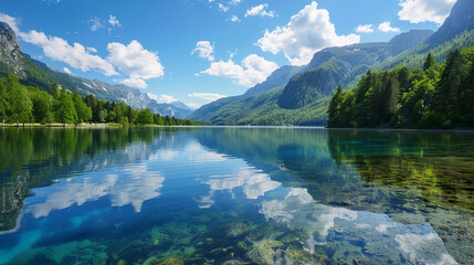 Fototapeta na wymiar Crystal Clear Lake Reflecting the Sky in a Mountain Valleyminimalist