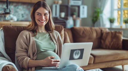 pregnancy, technology, people and expectation concept - happy pregnant woman with laptop and