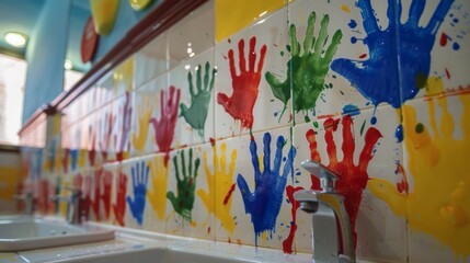 Fototapeta premium Even the bathroom is decorated with colorful handprints making the mundane task of washing hands much more enjoyable for little ones.