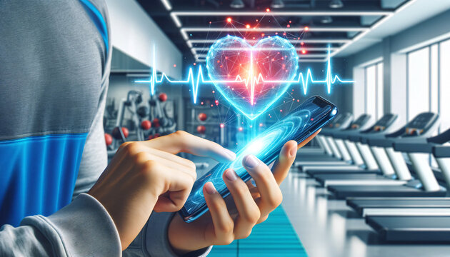 Heartbeat Hologram Over Smartphone in Gym Setting - Powered by Adobe