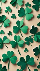 Assorted green paper shamrocks on a white background, symbolizing good luck and celebration of St. Patrick's Day. Patrick. Patrick is blinded by the generative Ai