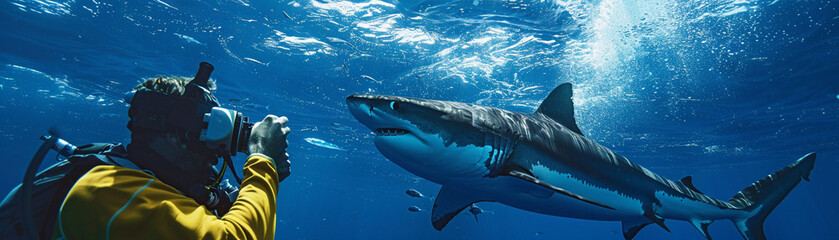 Fototapeta premium Marine Biologist Tagging Sharks in a Deep Sea Expedition8K