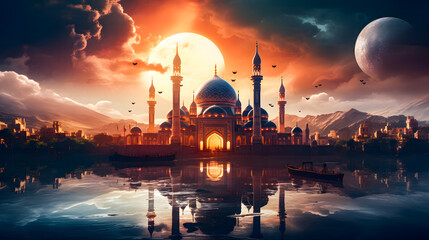 Naklejka premium Mosque background for Ramadan and Eid Mubarak greetings. Beautiful sunrise Mosque with colorful clouds 
