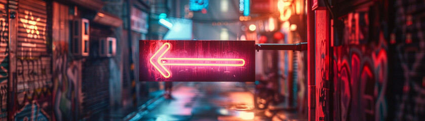 Neon sign of an arrow pointing towards a hidden alleyway in a bustling city8K