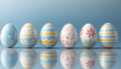 Four decorated Easter eggs with various patterns such as stripes, dots, and flowers, standing on a reflective surface against a sandy beach background