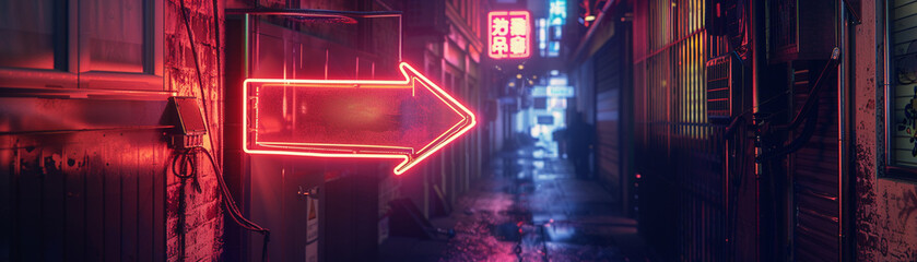 Neon sign of an arrow pointing towards a hidden alleyway in a bustling city8K