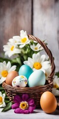 Obraz na płótnie Canvas A vibrant Easter banner featuring a basket of painted eggs adorned with delicate flowers and foliage