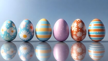 eggs, Four decorated Easter eggs with various patterns such as stripes, dots, and flowers, standing on a reflective surface against a sandy beach background