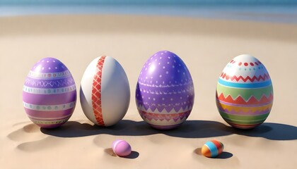 Four decorated Easter eggs with various patterns such as stripes, dots, and flowers, standing on a reflective surface against a sandy beach background