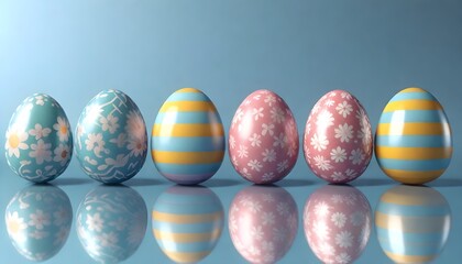 Four decorated Easter eggs with various patterns such as stripes, dots, and flowers, standing on a reflective surface against a sandy beach background