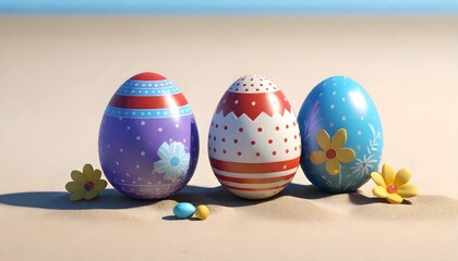 eggs, decorated Easter eggs with various patterns such as stripes, dots, and flowers, standing on a reflective surface against a sandy beach background