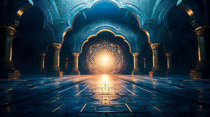 Ramadhan eid mubarak bakcground mosque praying hall with spiral pillars of stones and roof tiling illuminated with sunlight. - obrazy, fototapety, plakaty