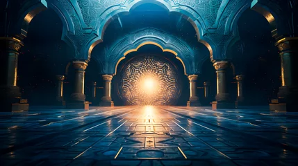 Fotobehang Ramadhan eid mubarak bakcground mosque praying hall with spiral pillars of stones and roof tiling illuminated with sunlight. © Iwankrwn