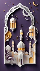 Elegant paper cut mosque design with lanterns, crescent moon and stars for Ramadan celebration. . blinded by generative Ai