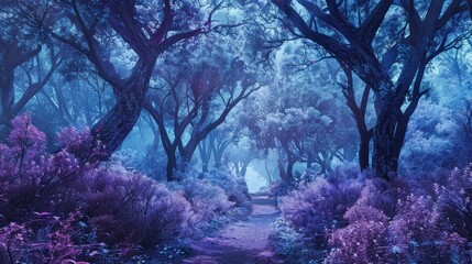 Magical blue and purple fantasy forest with hints of magic and wonder in every corner. - obrazy, fototapety, plakaty