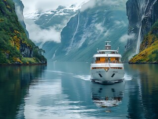 A cruise ship sailing through Fjord - obrazy, fototapety, plakaty