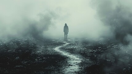 A silhouetted figure standing at a crossroads torn between the paths of good and evil symbolizing the inner conflict of morality and temptation.