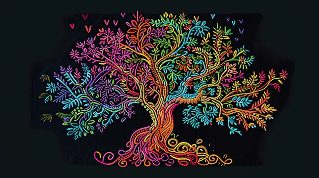colorful yggdrasil tree pattern on black background made by embroidery