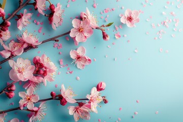 Fototapeta na wymiar Spring Blossoms on Pastel Blue Background - A springtime composition featuring blossoms on a pastel blue background, perfect for wall art or advertising.