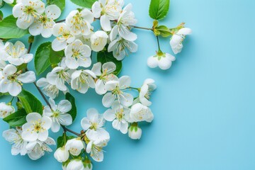 Spring blossoms on pastel blue background, capturing springtime essence with copy space.