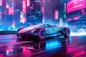 Fototapeta premium Sleek, aerodynamic car gliding through a neon-lit cityscape.