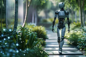 Fotobehang Futuristic Garden Robot - Hyperrealistic illustration of a sleek, humanoid robot striding through a serene futuristic garden, contrasting advanced technology with natural beauty. © Postproduction