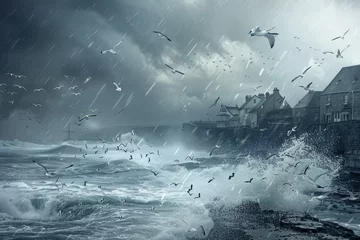 Deurstickers Canarische Eilanden A captivating wallpaper design showcasing a rainy day in a coastal town, with waves crashing against the rocks and seagulls soaring through the stormy skies, evoking the raw power, Generative AI