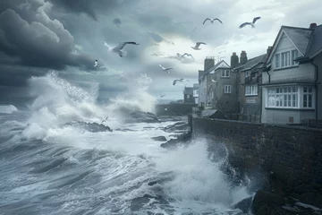 Abwaschbare Fototapete Kanarische Inseln A captivating wallpaper design showcasing a rainy day in a coastal town, with waves crashing against the rocks and seagulls soaring through the stormy skies, evoking the raw power, Generative AI