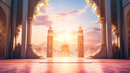Ramadhan eid mubarak bakcground mosque praying hall with spiral pillars of stones and roof tiling illuminated with sunlight.  - obrazy, fototapety, plakaty