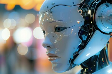 Futuristic humanoid robot head with intricate features on display against illuminated bokeh lights. Technology and artificial intelligence.