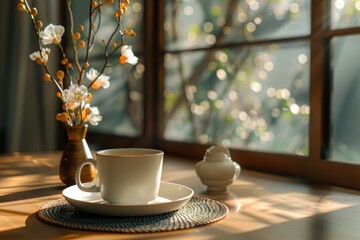 Morning light streaming through window onto tranquil coffee setup with vase of flowers, creating warm breakfast ambiance. Home comfort and relaxation.