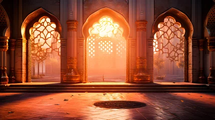 Deurstickers Ramadhan eid mubarak bakcground mosque praying hall with spiral pillars of stones and roof tiling illuminated with sunlight.  © Iwankrwn