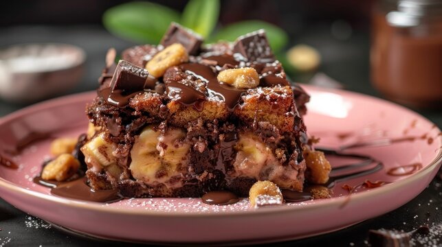 Homemade Chocolate Banana Bread Pudding on a pink plate on a black surface, side view. Close-up.