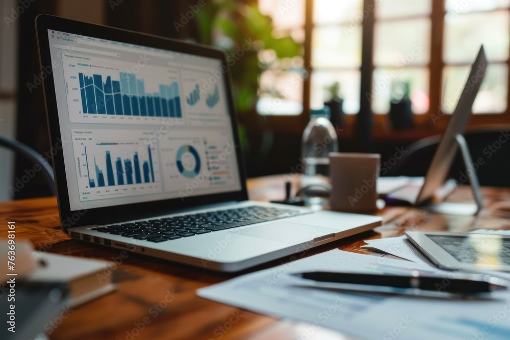 Poster professional modern office setting with open laptop displaying colorful graphs and analysis data. bu