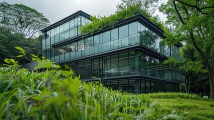 Sustainable glass building amidst lush greenery.