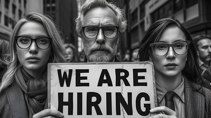 Eccentric and quirky office employees hold up a sign that reads “WE ARE HIRING” -recruiting - job fair - recruitment - job opening - open requisition - adding staff  - obrazy, fototapety, plakaty