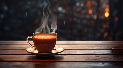 Obraz premium cup of hot drinks on wooden table in rainy day