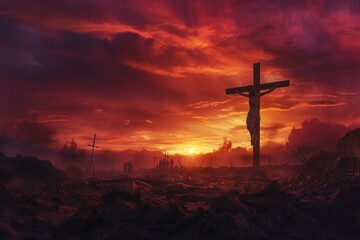 Dramatic photorealistic depiction of the crucifixion at sunset, with Jesus on the cross against a...