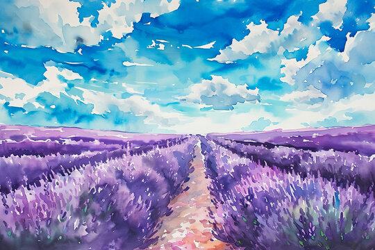 A painting of a field of lavender with a blue sky in the background