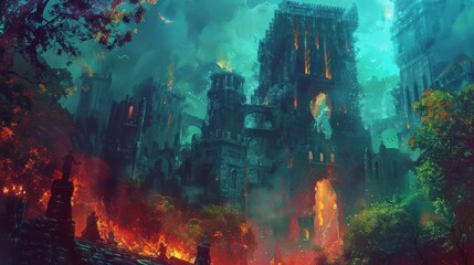 Sinister skeleton lich wields fiery magic amidst enchanted towers.