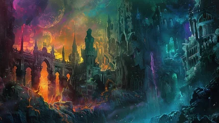 Deurstickers Sinister skeleton lich wielding fiery magic amidst enchanted towers, fantasy scene. © Postproduction