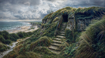 An Abandoned Overgrown WWII German Gunner's Bunker Overlooking The English Channel At Omaha Beach - obrazy, fototapety, plakaty