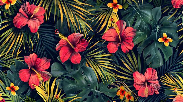  a tropical-themed wallpaper design with vibrant palm leaves and exotic flowers.