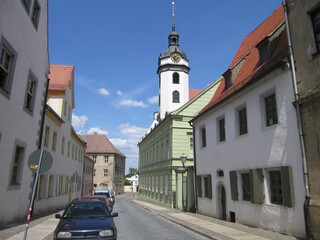 Altstadt in Torgau mit Kirchturm Marienkirche