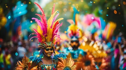 Obraz na płótnie Canvas Joyful Carnival Parade: Dancers in Vivid Costumes and Feathers Celebrating Latin Culture